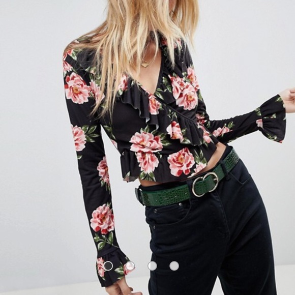 ASOS Tops - NWT ASOS black floral Ruffle Wrap Top